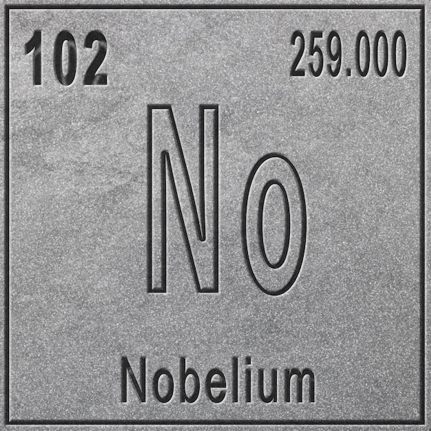 Elemento chimico Nobelium, segno con numero atomico e peso atomico, elemento tavola periodica, fondo argento