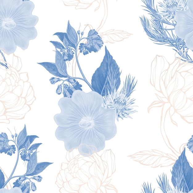 Elemento di design di sfondo a disegno a mano con motivi di fiori blu