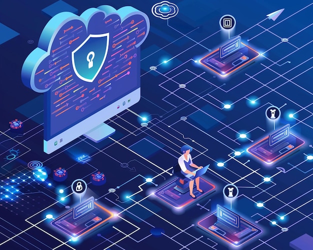 Elemento infografico di un esperto di sicurezza informatica che configura una rete cloud sicura con icone che rappresentano i protocolli di sicurezza