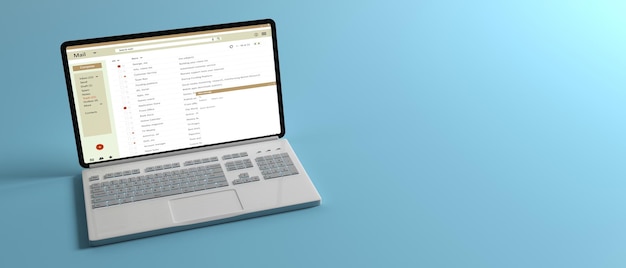 Elenco e-mail sullo schermo di un computer portatile isolato su sfondo blu pastello banner 3d'illustrazione