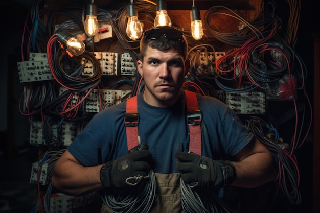 Elettricista esperto in uniforme che tiene gli attrezzi e controlla le attrezzature Ritratto di un meccanico caucasico sicuro di sé