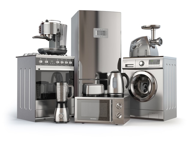 Elettrodomestici. Cucina a gas, frigorifero, microonde e lavatrice, frullatore, tostapane, macchina per il caffè, tritacarne e bollitore. illustrazione 3D