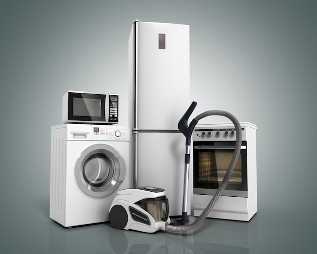 elettrodomestici Gruppo di frigorifero bianco lavatrice stufa forno a microonde aspiratore su sfondo grigio gradient 3d