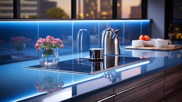 Elettrodomestici in acciaio inossidabile e alzatina blu nella moderna cucina minimalista