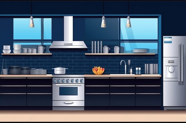 Elettrodomestici in acciaio inossidabile e paraschizzi blu nella moderna cucina minimalista IA generativa