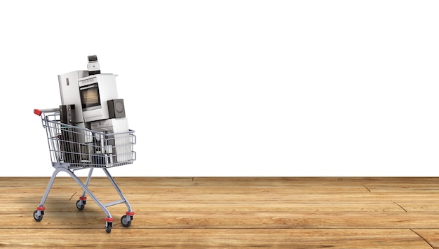 Elettrodomestici nel carrello E-commerce o concetto di shopping online sfondo rendering 3d