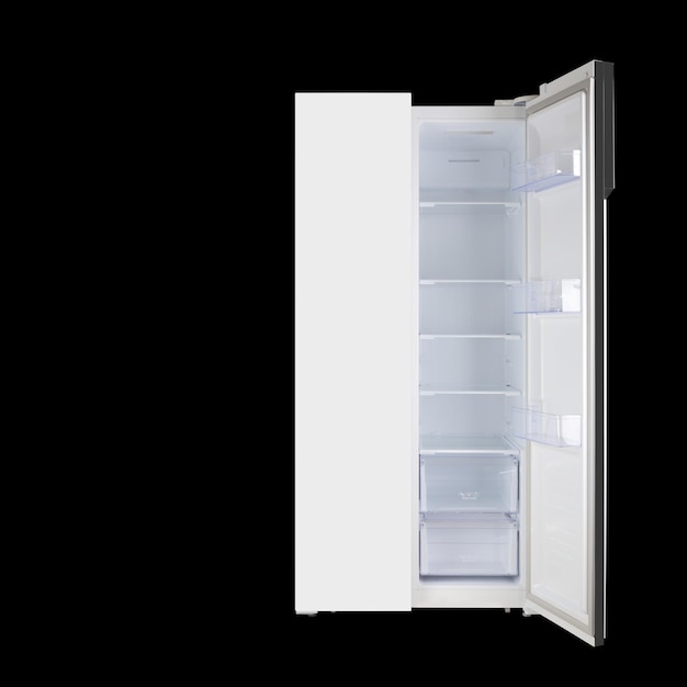 Elettrodomestico Un frigorifero bianco a due porte con porta aperta Isolato in nero