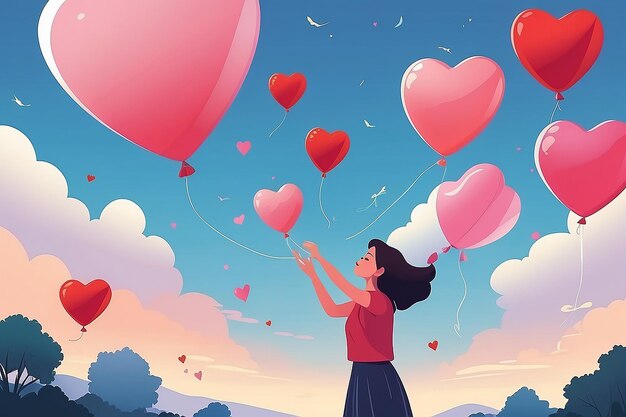 Elevate con l'amore rilasciando i palloncini dell'amore di sé in vettore piatto