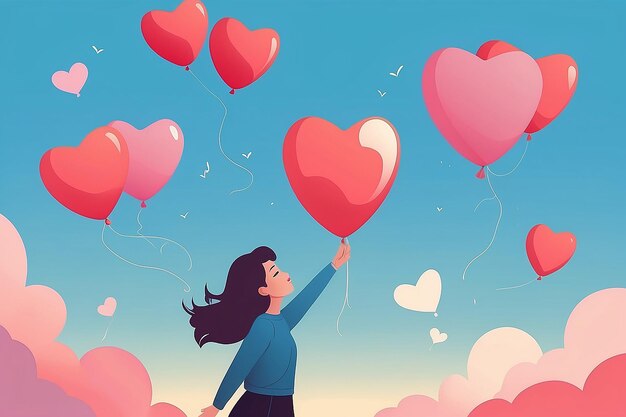 Elevate con l'amore rilasciando i palloncini dell'amore di sé in vettore piatto