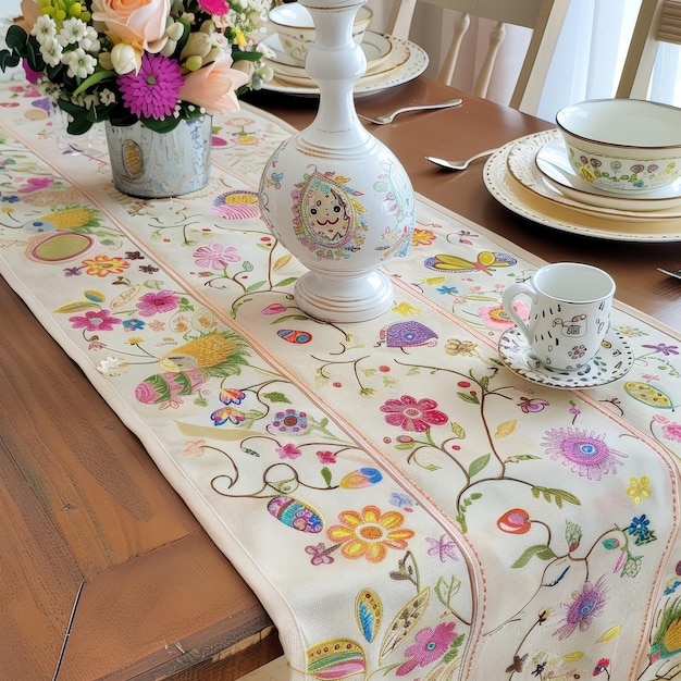 Elevate il vostro brunch di Pasqua con questo elegante corridore di tavola color pastello con motivi stagionali
