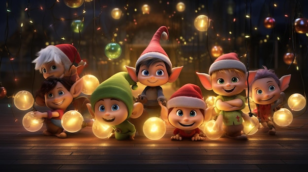 Elfi di Natale nell'universo di Natale con palle di Natale e luci di Natale Pixar