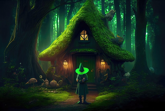 Elfo nano nella foresta magica con sfondo capanna vintage verde IA generativa