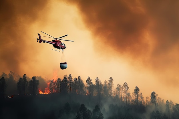 Elicottero antincendio porta un secchio d'acqua per spegnere un incendio boschivo