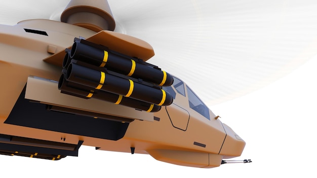 Elicottero dell'esercito moderno in volo con una serie completa di armi su uno sfondo bianco. illustrazione 3D.