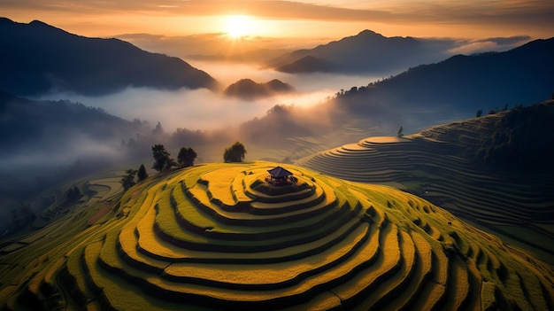 eliocentrico di Mu Cang Chai un cerchio rotondo terrazzato collina di riso nessuna casa Yen Bai Vietnam
