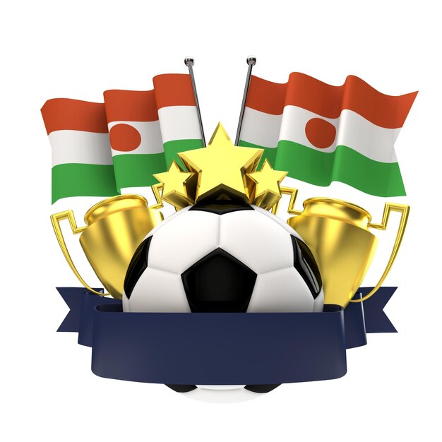 Emblema dei vincitori del calcio della bandiera del Niger con la palla e il nastro delle stelle del trofeo Rendering 3D