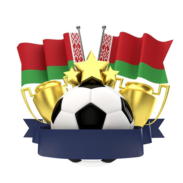 Emblema dei vincitori del calcio della bandiera della Bielorussia con la palla e il nastro delle stelle del trofeo Rendering 3D