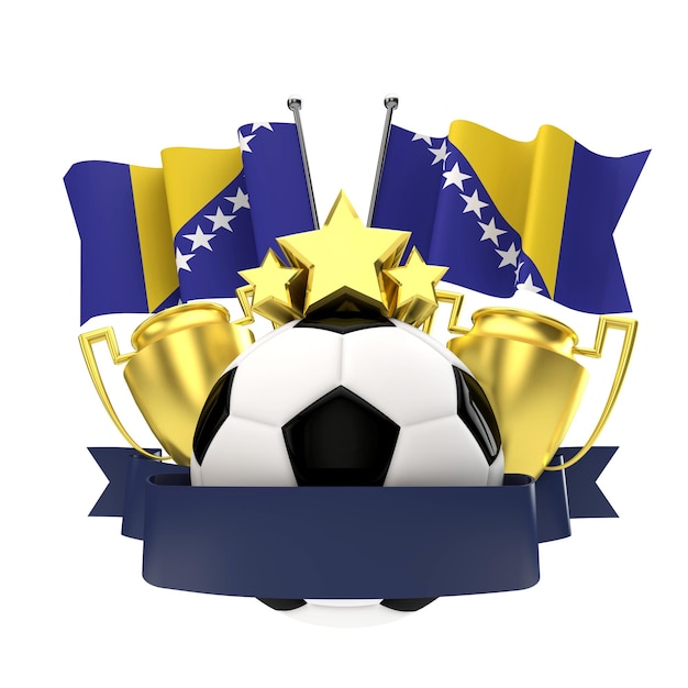 Emblema dei vincitori del calcio della bandiera della Bosnia con la palla e il nastro delle stelle del trofeo Rendering 3D