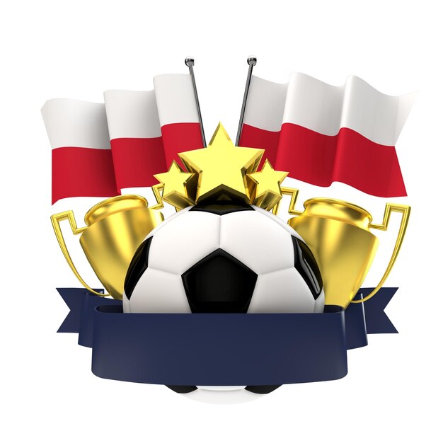 Emblema dei vincitori del calcio di bandiera della Polonia con il rendering 3D della palla e del nastro delle stelle del trofeo