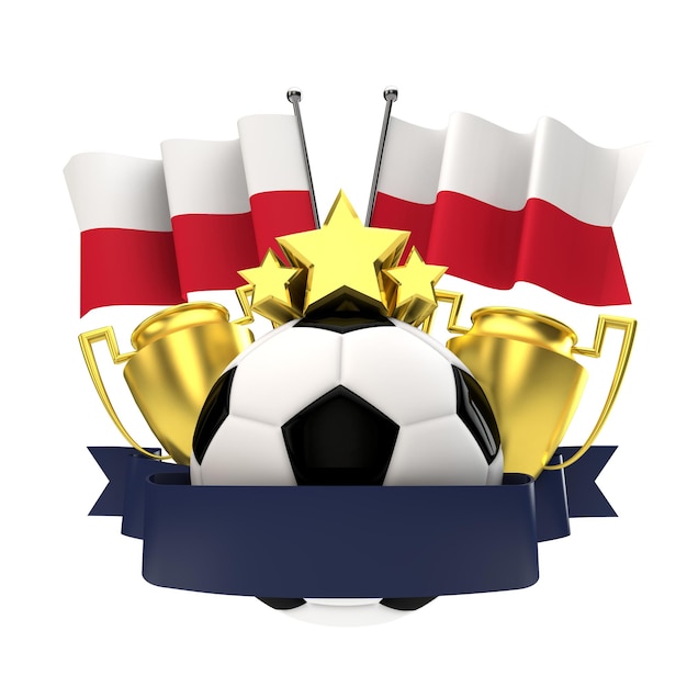 Emblema dei vincitori del calcio di bandiera della Polonia con il rendering 3D della palla e del nastro delle stelle del trofeo