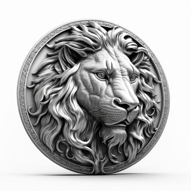 Emblema del medaglione d'argento 3D con sfondo bianco del leone IA generativa