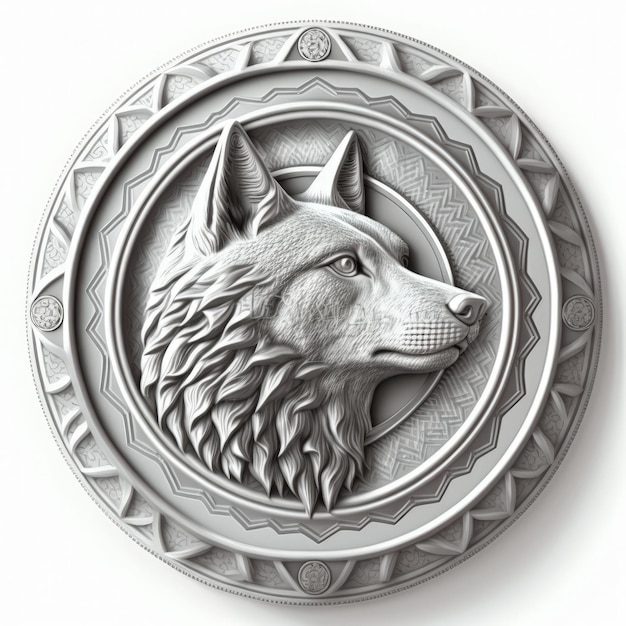 Emblema del medaglione d'argento 3D con sfondo bianco lupo IA generativa