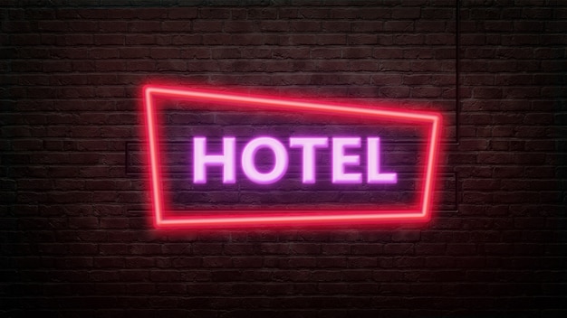 Emblema del segno dell'hotel in stile neon sul fondo del muro di mattoni