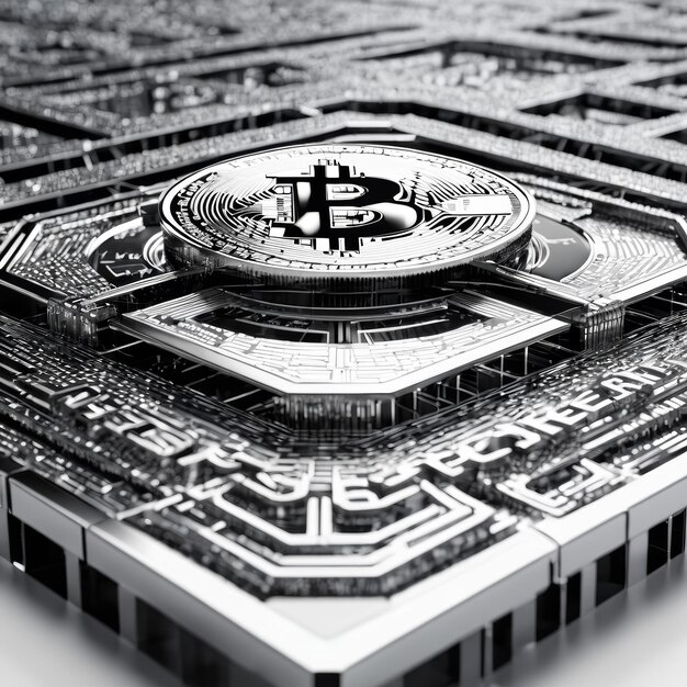 Emblema di Bitcoin sull'edificio bianco e nero