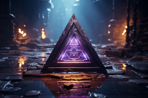 Emblema mistico cinematografico Cyan Valknut estrude da un ambiente viola piatto