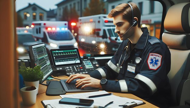 Emergency Dispatch EMTs che rispondono alle chiamate critiche e forniscono cure quotidiane in ambienti di lavoro candidi