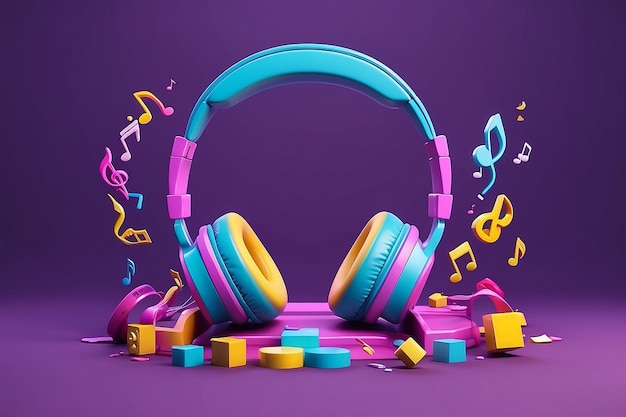 Emoji con cuffie e musica 3D su sfondo viola