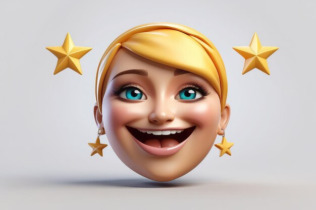 Emoji con il viso sorridente con gli occhi stellari della donna glamour Cartoon smiley render 3D