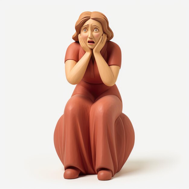 Emoji in stile terracotta che rivelano una donna ansiosa su uno sfondo bianco