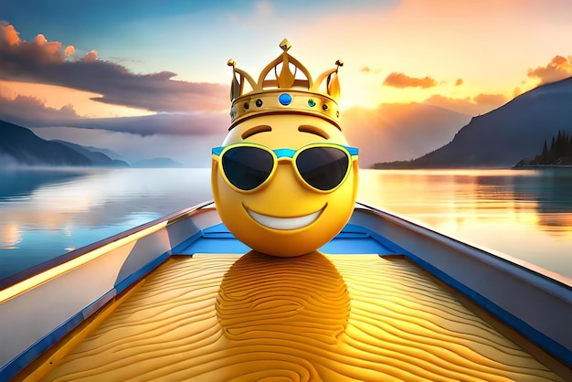emoji sorridente con occhiali da sole dorati e una corona reale illustrazione 3D