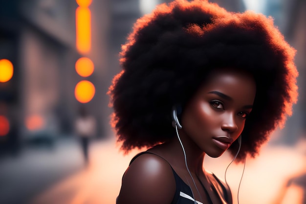 Emozionale all'aperto ragazza afroamericana che si diverte con le cuffie ballando per strada generativa ai