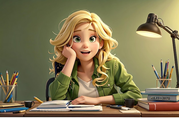Emozionante giovane studentessa bionda seduta alla scrivania con strumenti scolastici guardando la fotocamera tenendo la mano sul viso tenendo la sveglia isolata sulla parete verde oliva