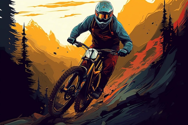 Emozionante illustrazione del motociclista in discesa IA generativa