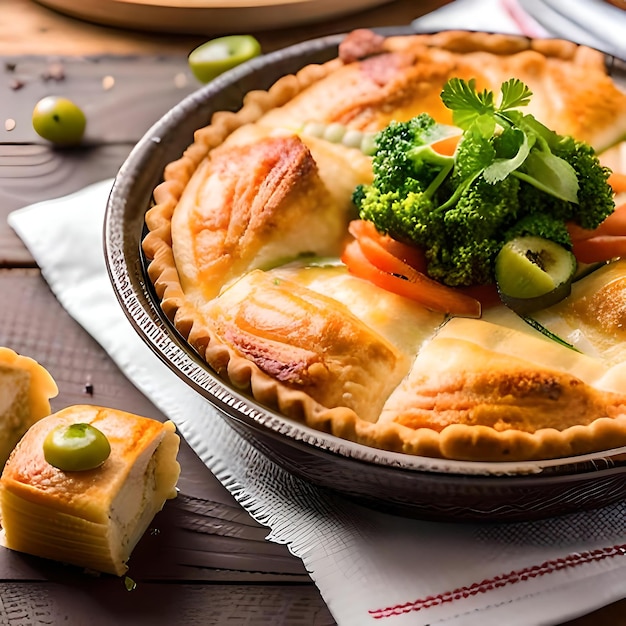 Empado Una torta di crosta friabile ripiena di pollo in casseruola e un mix di verdure come il cuore di mais