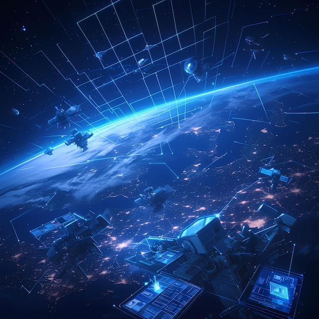 EmpireBuilding Stazione Spaziale con la Terra sullo sfondo Rendering 3D