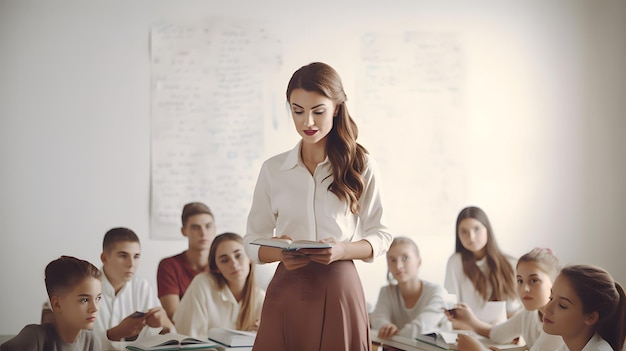 Empowering Educatori Insegnante sorridente di giovane donna che ispira l'apprendimento e posa in gesti diversi