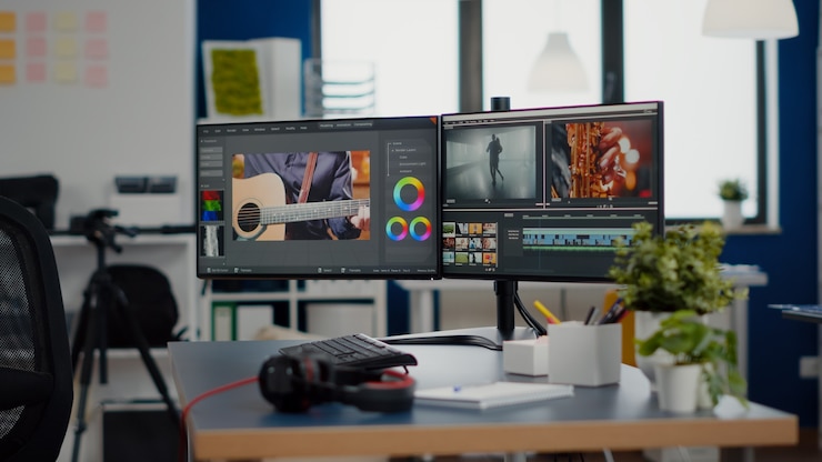 Photo empty creative workplace with professional computer placed on desk
