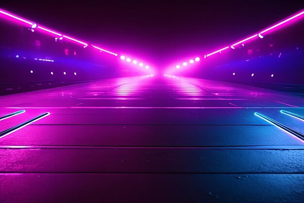 Empty dark abstract Glow of neon lights on an empty concert venue geometric shapes neon lights background