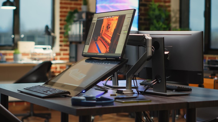 Photo empty electronics with multiple screens to develop artistic modern content, showing gaming software on display. empty programming studio running infographics interface on computers.