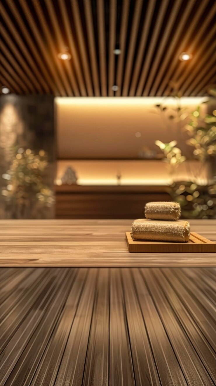 Empty top table with blurred luxury spa interior background for product display professional studio