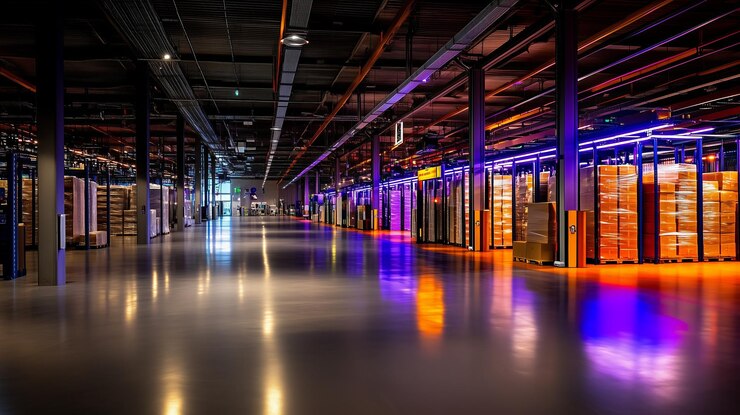 Empty warehouse with stacked boxes under purple and orange lights