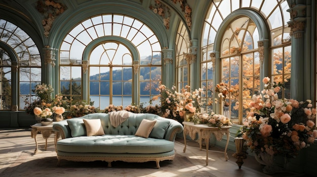 Enchanted Blossom Conservatory Un lussuoso divano d'epoca in mezzo a un paese delle meraviglie floreali
