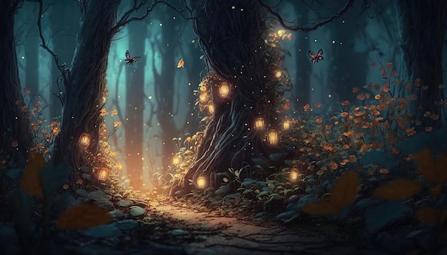 Enchanted Forest AI ha generato il sogno di un nuovo sentiero forestale in un regno delle fate con lucciole floreali che brillano Un spettacolo mozzafiato di magia e fantasia