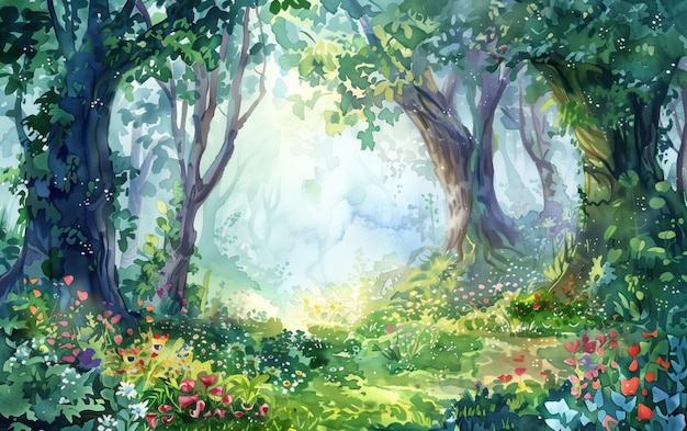 Enchanted Forest Clearing illustrazione ad acquerello di una foresta lussureggiante bagnata dalla luce solare morbida