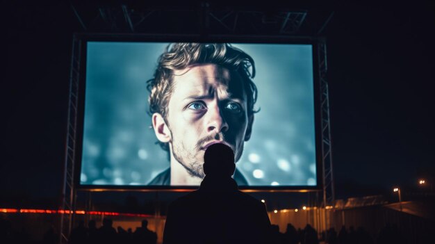 Enchanting cinema all'aperto con usher schermo gigante bagliore sotto il cielo notturno atmosfera unica