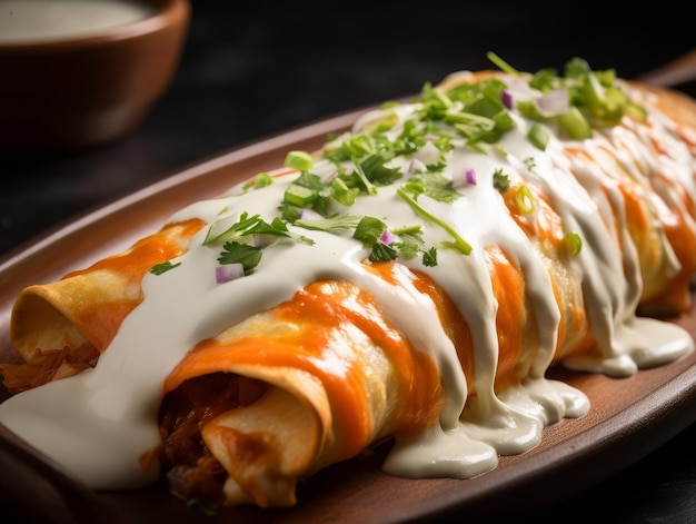 enchiladas con formaggio fuso e una tazza di crema acida